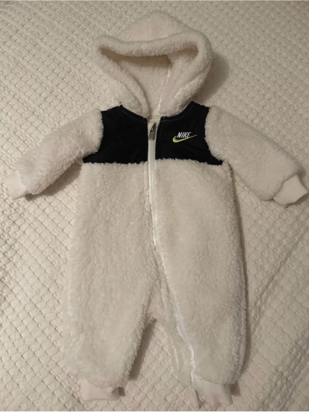 Nike White Fleece Hooded Baby One-Piece with Black Chest Panel